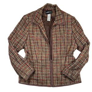 Sag Harbor Womens Brown Red Plaid Tweed Zip Front Jacket Lined Size 10‎ F43190KH